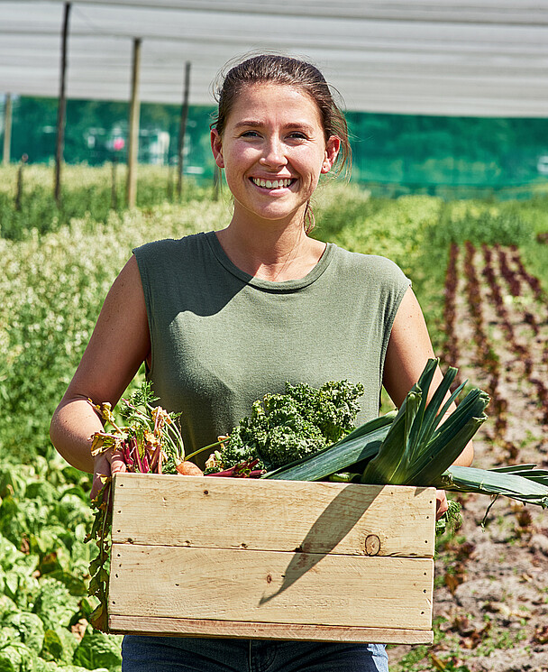 Jeune saisonnière récoltant des légumes dans une exploitation maraîchère